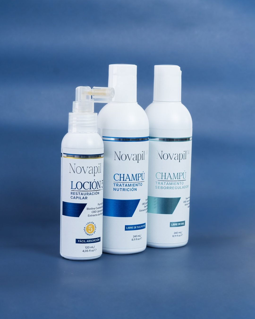 Loción 5 Restauración Capilar, Champú Tratamiento Nutrición y Champú Tratamiento Seborregulador de Novapil MD